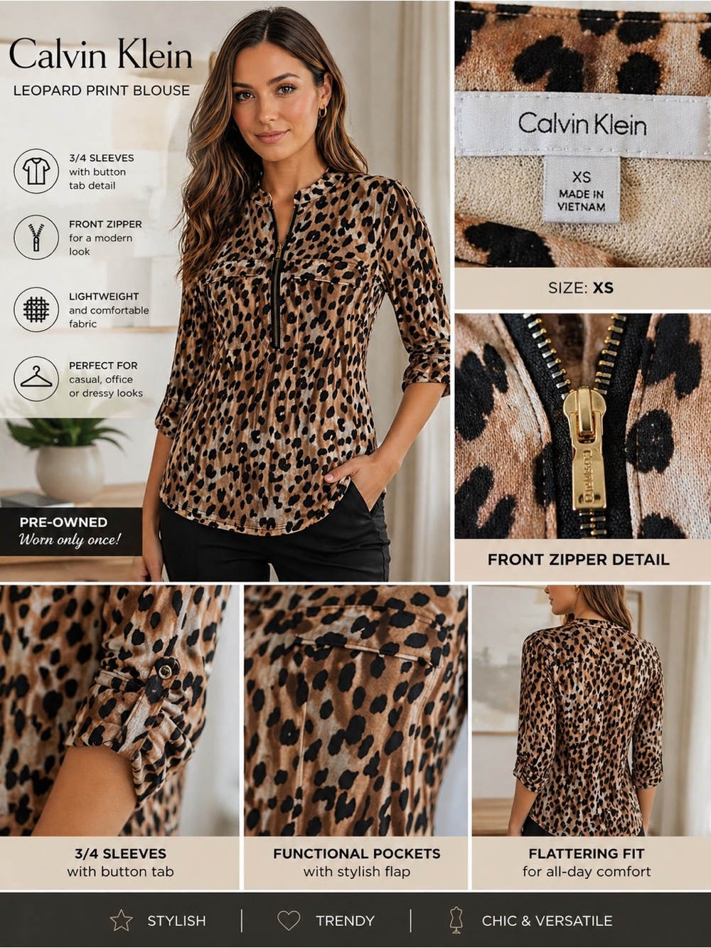 Calvin Klein Leopard Print Blouse XS 3/4 Sleeve Zip Top Chic EUC